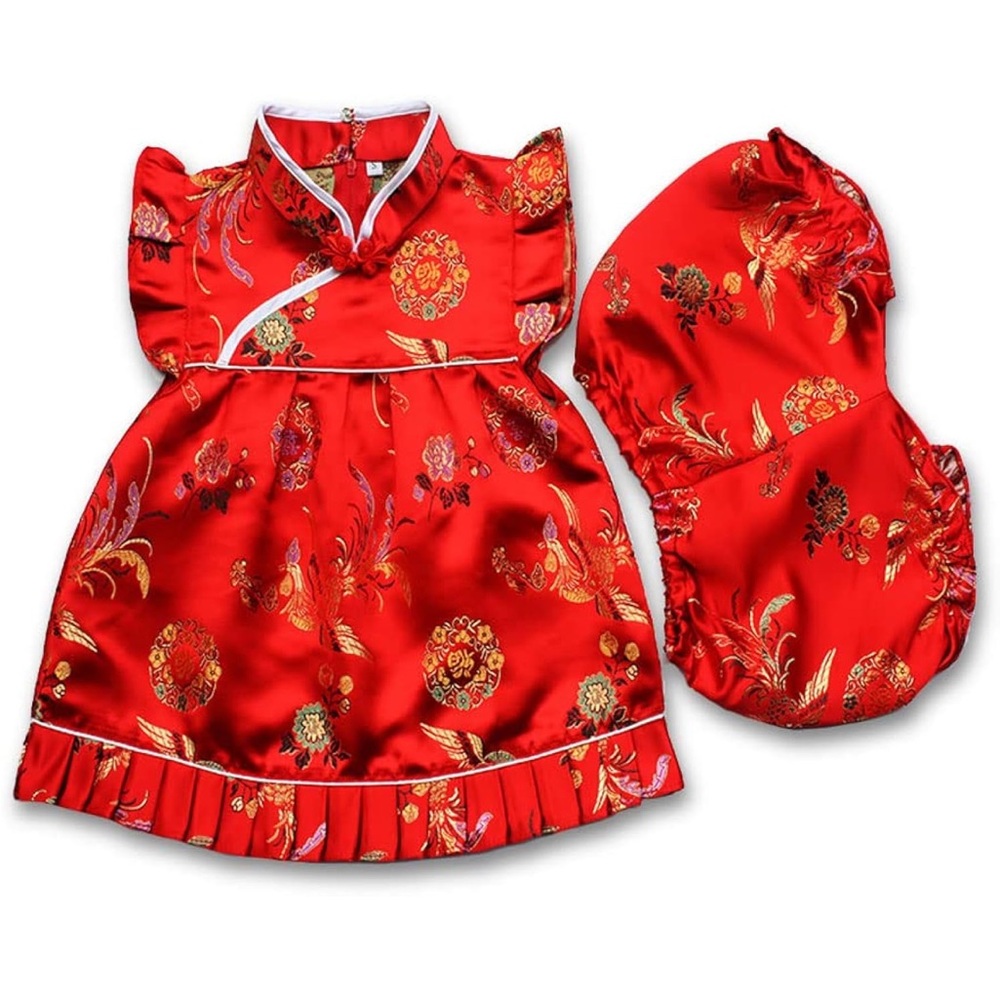 Qi Pao Red Floral Baby Dress with Bloomers